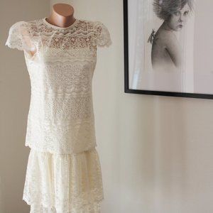Vintage Creamy White Lace Top Puffed Cap Sleeves Sheer M L Unique 90s Y2K dress